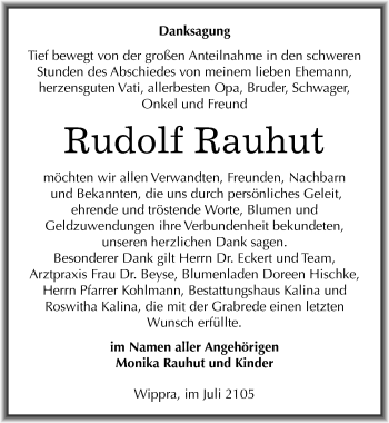 Traueranzeige von Rudolf Rauhut von Mitteldeutsche Zeitung Mansfelder Land