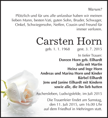 Traueranzeige von Carsten Horn von Mitteldeutsche Zeitung Aschersleben