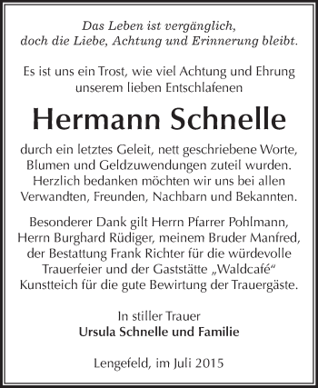 Traueranzeige von Hermann Schnelle von Super Sonntag SGH Mansf. Land