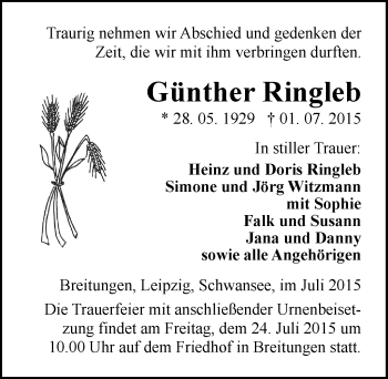 Traueranzeige von Günther Ringleb von Mitteldeutsche Zeitung Sangerhausen
