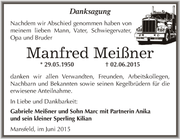 Traueranzeige von Manfred Meißner von Wochenspiegel Mansfelder Land