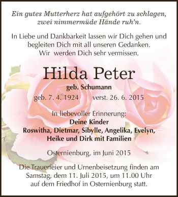 Traueranzeige von Hilda Peter von WVG - Wochenspiegel Dessau / Köthen