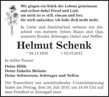 Traueranzeige von Helmut Schenk von WVG - Wochenspiegel Wittenberg