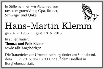 Traueranzeige von Hans-Martin Klemm von WVG - Wochenspiegel Merseburg