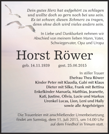 Traueranzeige von Horst Röwer von WVG - Wochenspiegel Dessau / Köthen