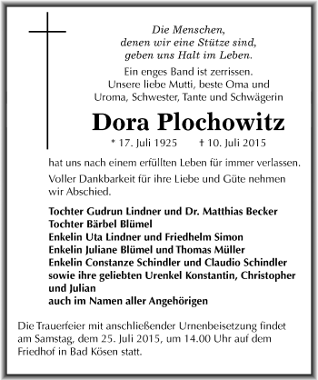 Traueranzeige von Dora Plochowitz von Mitteldeutsche Zeitung Naumburg/Nebra