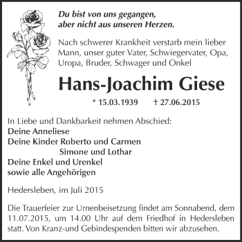 Traueranzeige von Hans-Joachim Giese von Wochenspiegel Mansfelder Land