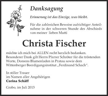 Traueranzeige von Christa Fischer von WVG - Wochenspiegel Wittenberg