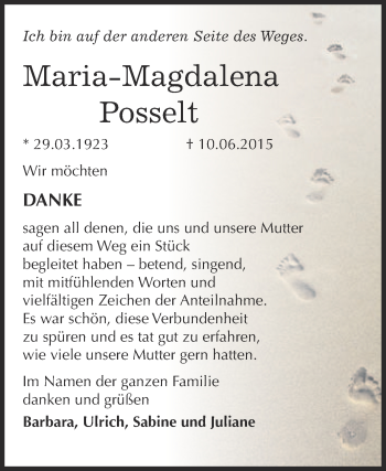 Traueranzeige von Maria-Magdalena Posselt von Super Sonntag Wittenberg
