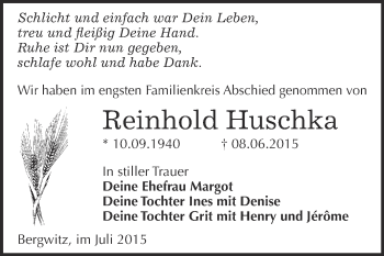 Traueranzeige von Reinhold Huschka von WVG - Wochenspiegel Wittenberg