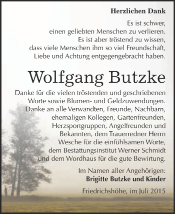 Traueranzeige von Wolfgang Butzke von WVG - Wochenspiegel Quedlinburg