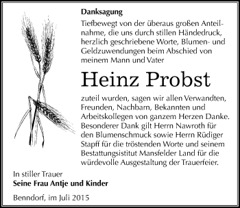 Traueranzeige von Heinz Probst von Mitteldeutsche Zeitung Mansfelder Land