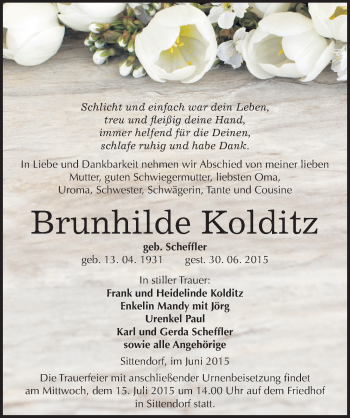Traueranzeige von Brunhilde Kolditz von Mitteldeutsche Zeitung Sangerhausen