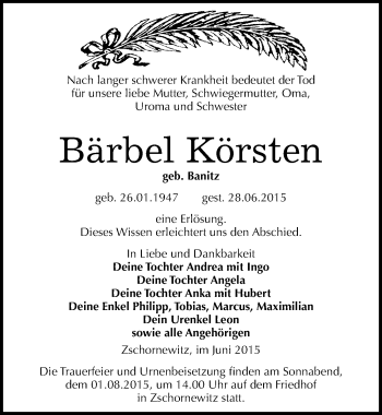 Traueranzeige von Bärbel Körsten von Mitteldeutsche Zeitung Wittenberg