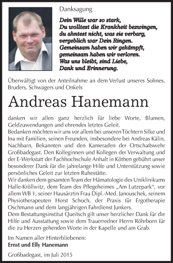 Traueranzeige von Andreas Hanemann von Mitteldeutsche Zeitung Köthen