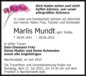 Traueranzeige von Marlis Mundt von Super Sonntag Aschersleben