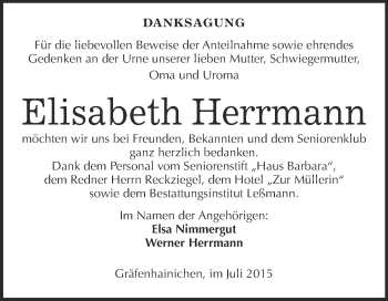 Traueranzeige von Elisabeth Herrmann von WVG - Wochenspiegel Wittenberg