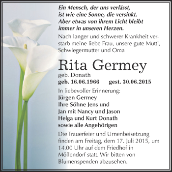 Traueranzeige von Rita Germey von Wochenspiegel Mansfelder Land