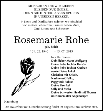 Traueranzeige von Rosemarie Rohe von Mitteldeutsche Zeitung Naumburg/Nebra