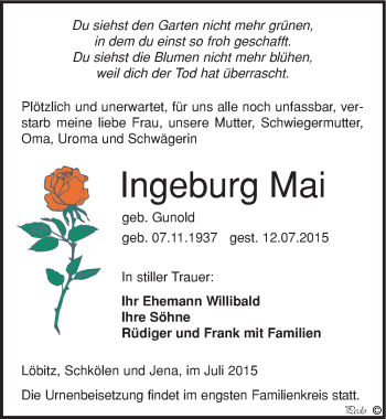 Traueranzeige von Ingeburg Mai von Mitteldeutsche Zeitung Naumburg/Nebra