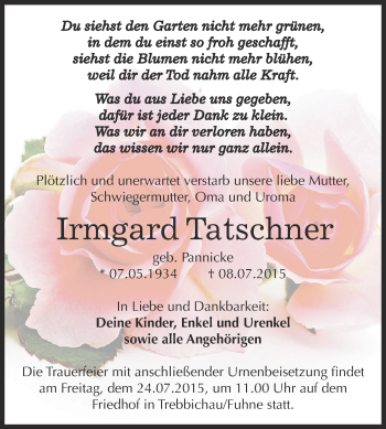 Traueranzeige von Irmgard Tatschner von WVG - Wochenspiegel Dessau / Köthen