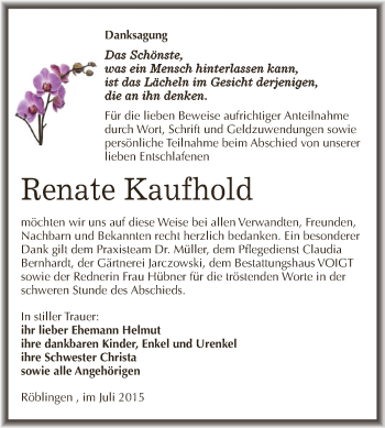 Traueranzeige von Renate Kaufhold von Super Sonntag SGH Mansf. Land