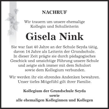 Traueranzeige von Gisela Nink von Super Sonntag Wittenberg