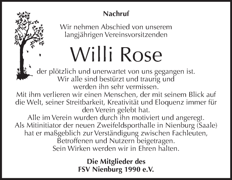  Traueranzeige für Willi Rose vom 18.07.2015 aus Super Sonntag Bernburg