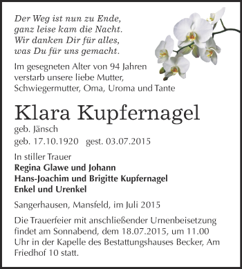 Traueranzeige von Klara Kupfernagel von Super Sonntag SGH Mansf. Land