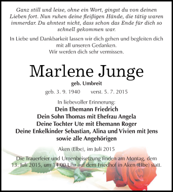 Traueranzeige von Marlene Junge von WVG - Wochenspiegel Dessau / Köthen