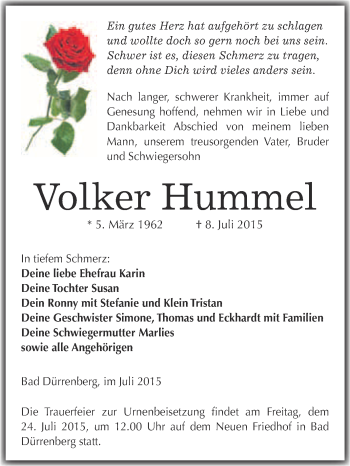Traueranzeige von Volker Hummel von Super Sonntag Merseburg