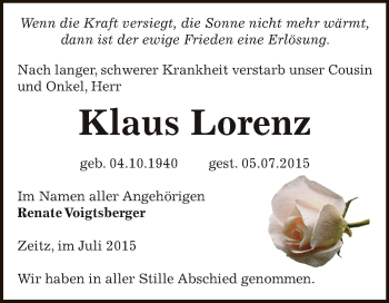 Traueranzeige von Klaus Lorenz von Super Sonntag Zeitz