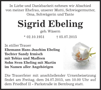 Traueranzeige von Sigrid Ebeling von Super Sonntag Bernburg