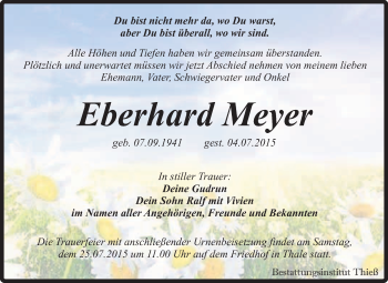Traueranzeige von Eberhard Meyer von Super Sonntag Quedlinburg