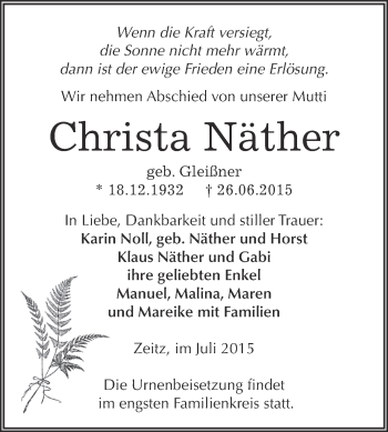 Traueranzeige von Christa Näther von Super Sonntag Zeitz