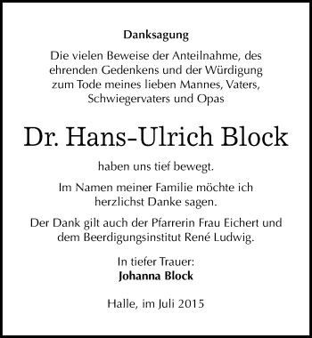 Traueranzeige von Hans-Ulrich Block von Mitteldeutsche Zeitung