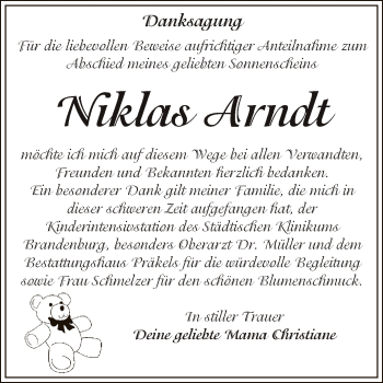 Traueranzeige von Niklas Arndt von Super Sonntag Zeitz
