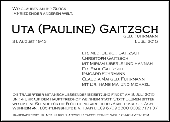 Traueranzeige von Uta Gaitzsch von Mitteldeutsche Zeitung Merseburg/Querfurt
