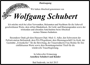 Traueranzeige von Wolfgang Schubert von Super Sonntag Quedlinburg