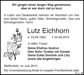 Traueranzeige von Lutz Eichhorn von WVG - Wochenspiegel NMB / WSF / ZTZ