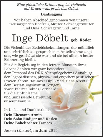 Traueranzeige von Inge Döbelt von WVG - Wochenspiegel Wittenberg
