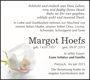 Traueranzeige von Margot Hoefs von WVG - Wochenspiegel Wittenberg