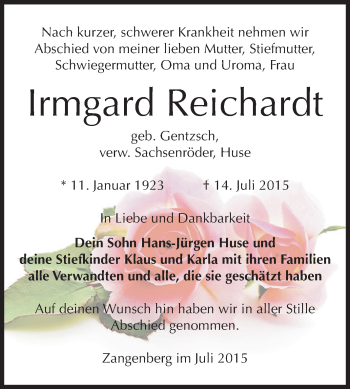 Traueranzeige von Irmgard Reichardt von Super Sonntag Zeitz