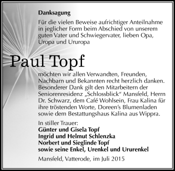 Traueranzeige von Paul Topf von Mitteldeutsche Zeitung Mansfelder Land