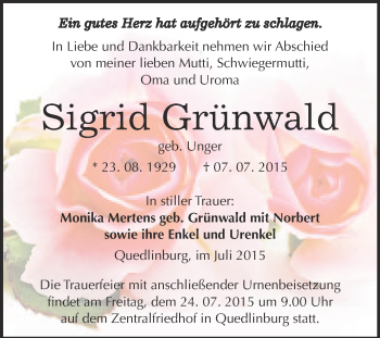 Traueranzeige von Sigrid Grünwald von WVG - Wochenspiegel Quedlinburg