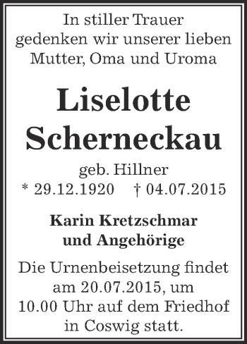Traueranzeige von Liselotte Scherneckau von WVG - Wochenspiegel Dessau / Köthen