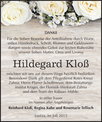 Traueranzeige von Hildegard Kloß von Mitteldeutsche Zeitung Wittenberg