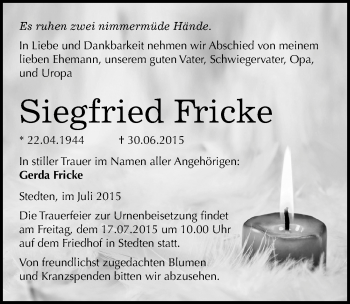 Traueranzeige von Siegfried Fricke von Mitteldeutsche Zeitung Mansfelder Land