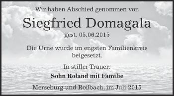 Traueranzeige von Siegfried Domagala von WVG - Wochenspiegel Merseburg