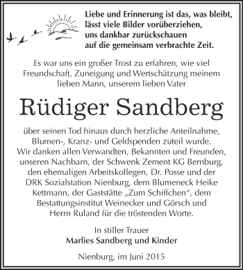 Traueranzeige von Rüdiger Sandberg von Super Sonntag Bernburg
